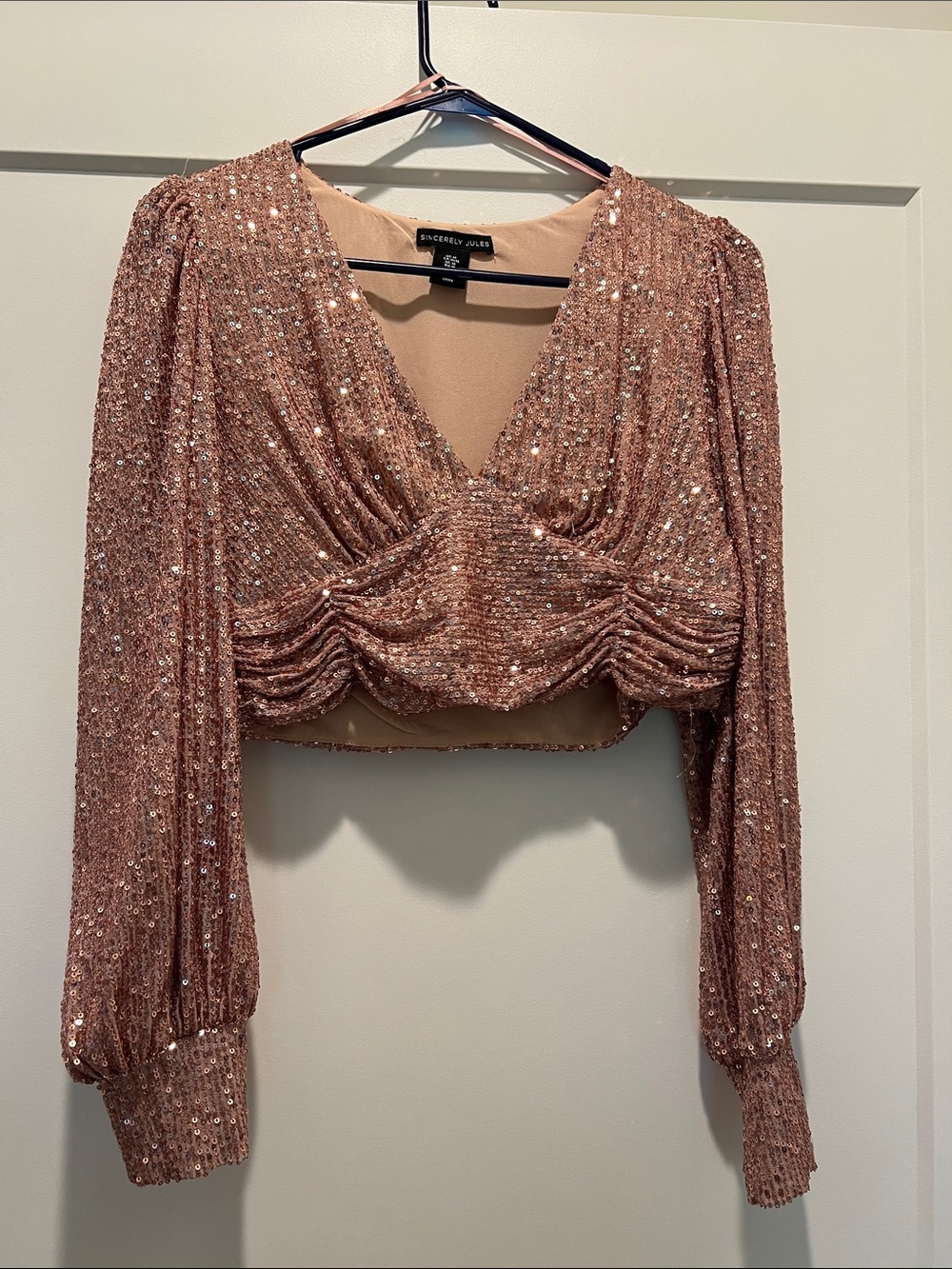 Sincerly Jules Rose Gold Sequin Ruched V-Neck Crop Top